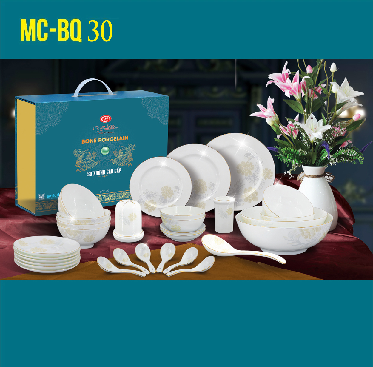 Bộ quà sứ xương 30 món Minh Châu Bone Porcelain